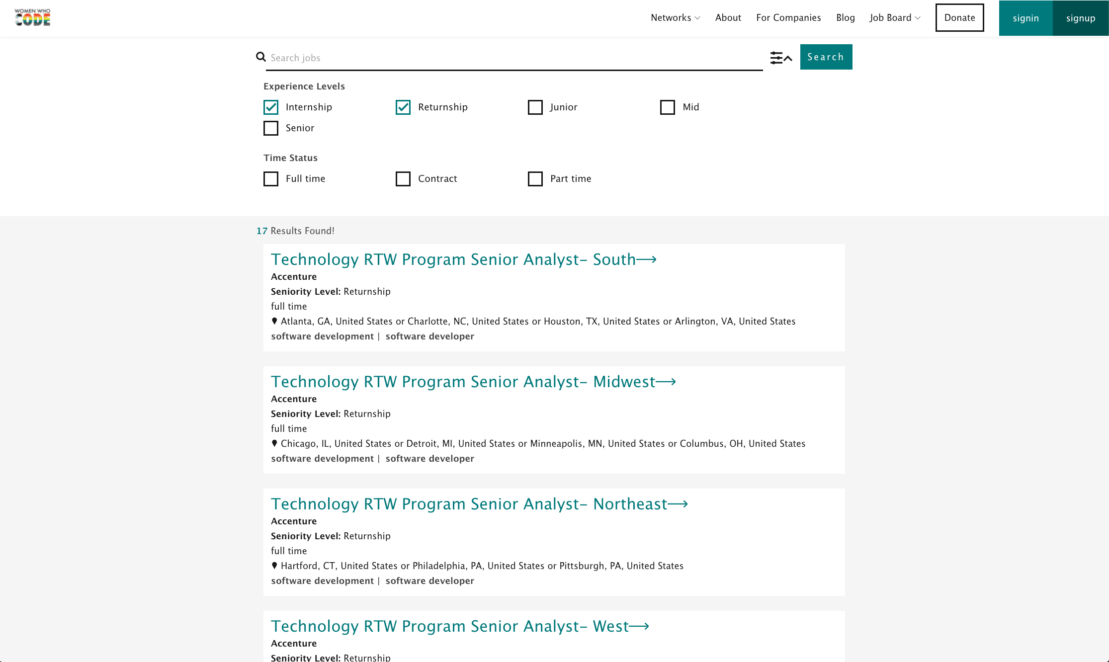 Women Who Code Job Board Screenshot