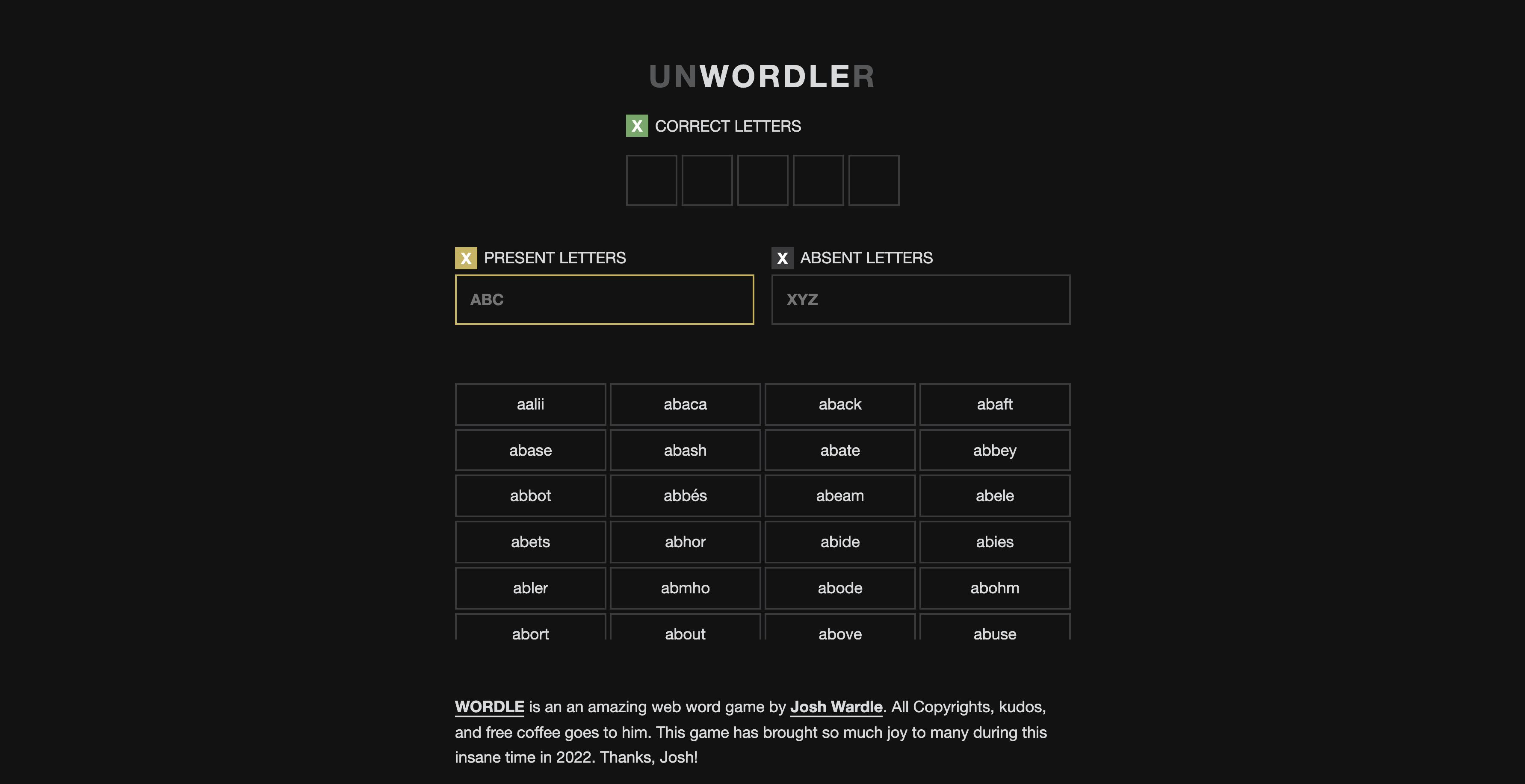 unwordler in dark theme